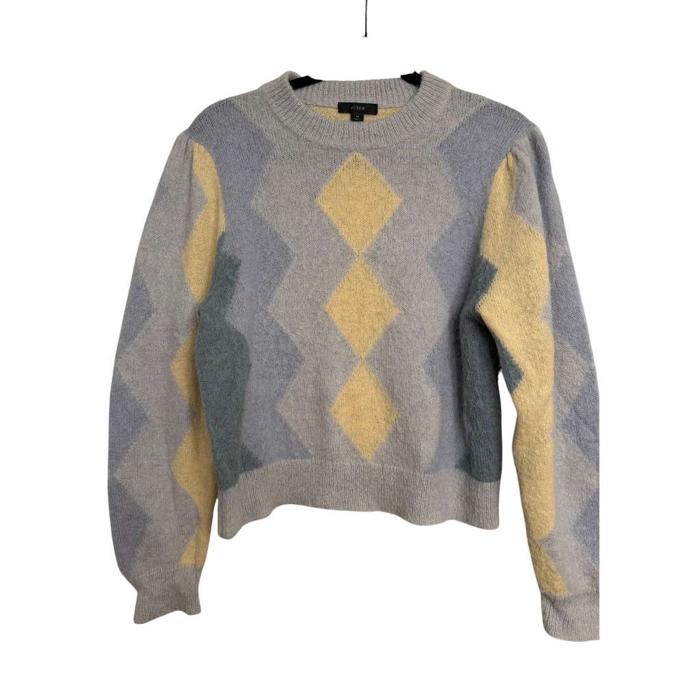 J.Crew Argyle Crewneck Sweater Blue Yellow Fuzzy Knit Puff Sleeve Medium